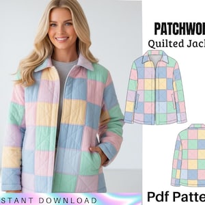 Può includere: Giacca trapuntata patchwork pastello nei toni del rosa, blu, giallo e verde. La giacca ha un collo, tasche frontali e chiusura con cerniera. L'immagine include anche un disegno a tratto della giacca e il testo "Patchwork Quilted Jacket".