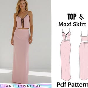 Puede incluir: Un conjunto de dos piezas rosa claro que consta de un top corto y una falda larga. El top tiene tirantes finos y un detalle de encaje negro. La falda es larga hasta el suelo. La imagen también incluye un diagrama del conjunto y el texto "TOP & Maxi Skirt" y "Pdf Pattern".