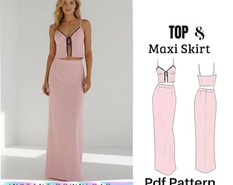 Top y falda larga: Patrón de costura, conjunto de dos piezas, falda larga y top corsé