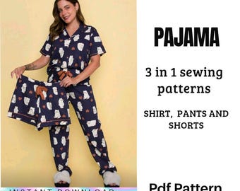 Patrón de pijama para mujer (PDF) – Conjunto 3 en 1 (camiseta, pantalón y short) | Descarga digital
