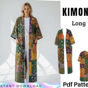 Op de afbeelding: Een lange patchwork kimono in groen, oranje en paarse tinten. De kimono heeft een bloemenpatroon en zakken. De afbeelding bevat ook een kleinere versie van de kimono en de tekst "KIMONO Long" en "Pdf Pattern".