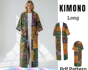 Patrón de costura en PDF para kimono largo • Abrigo patchwork oversize • Bata boho para mujer