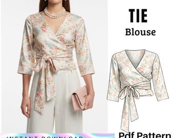 Patrón de costura para blusa cruzada con lazo • Blusa en PDF • Cinturón largo • Descarga inmediata