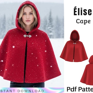 Könnte beinhalten: Ein roter Kapuzenmantel mit silbernem Verschluss, vor einer verschneiten Kulisse. Das Bild enthält den Text "Élise Cape" und "Instant Download". Zwei weitere Ansichten des Capes sind ebenfalls abgebildet.