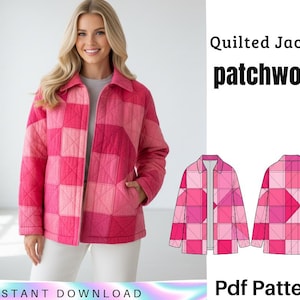 May include: A pink patchwork quilted jacket with a collared neckline and front pockets. The jacket features a geometric design with varying shades of pink. The text "Quilted Jacket patchwork" and "Instant Download" are visible.