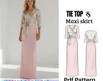Corbata superior y falda larga: Patrón de costura, conjunto de dos piezas, falda larga y top corsé