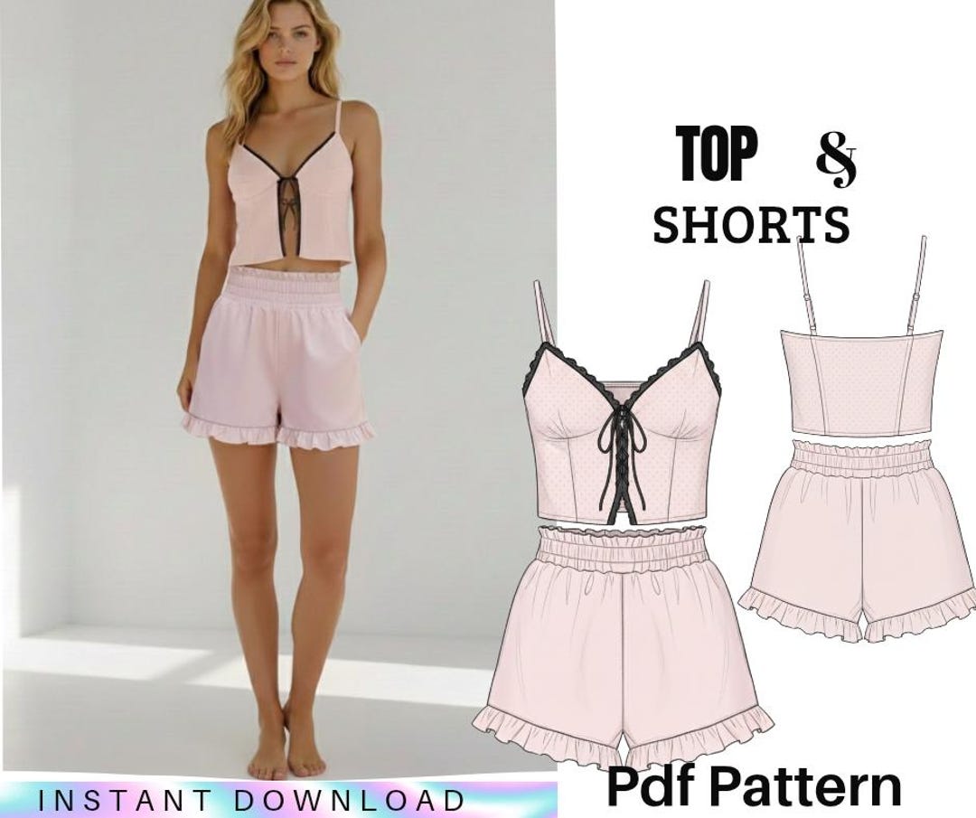 Lace Trim Camisole and Shorts Pajama Set Sewing Pattern PDF | Two-piece ...
