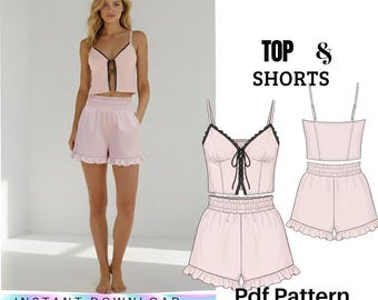 Patrón de costura para pijama de camisola y pantalón corto con ribete de encaje en PDF | Patrón de lencería de dos piezas para dormir