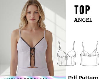 Patrón de costura para top Angel Top – Camiseta sin mangas con lazo frontal – Top estilo bustier – Descarga inmediata
