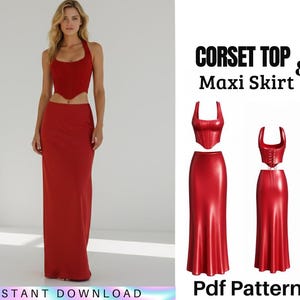 Puede incluir: Un conjunto de top corsé y falda larga rojos. El top corsé tiene un diseño de cuello halter. La falda larga llega hasta el suelo. La imagen también incluye un patrón digital con el texto "CORSET TOP & Maxi Skirt" y "INSTANT DOWNLOAD".