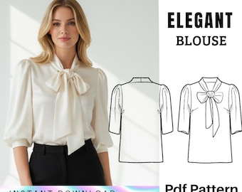 Patrón de costura en PDF para blusa elegante con lazo – Blusa de mujer, manga abullonada, tallas incluidas