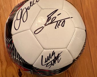 Lionel Messi, David Beckham, and Luis Suarez signed MLS ball with COA