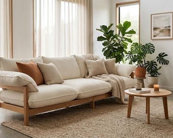 Sofá minimalista Japandi de madera maciza – Sofá personalizado de lino o cuero