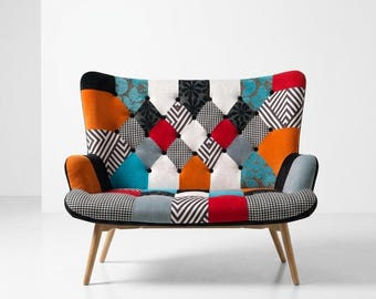 Handcrafted Patchwork Loveseat – Mid-Century Modern 2-Seater Statement Sofa with Tapered Wooden Legs