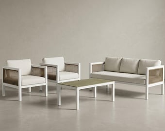 無垢材製アウトドアラウンジセット – ロープ装飾のソファ、アームチェア、コーヒーテーブル