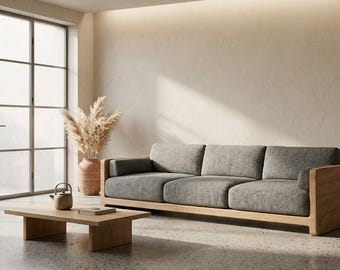 Bespoke Japandi 3-Seater Sofa, Light Oak Wood Frame, Custom Leather/Fabric