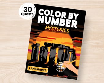 Misterios para colorear por números de monumentos / Libro para colorear de pixel art para adultos (Descarga en PDF)
