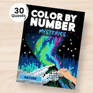May include: A "Color by Number Mysteries" activity book with a pixelated image of the Northern Lights. The cover features the text "Color by Number Mysteries" and "30 Quests". The word "Nature" is on a blue rectangle.
