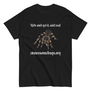 Könnte beinhalten: Schwarzes T-Shirt mit einer detaillierten Illustration einer Vogelspinne mit braunen und beigen Markierungen. Der Text "We ain't get it, ain't real" und die Website-Adresse "28awesomebugs.org" sind in Weiß aufgedruckt.