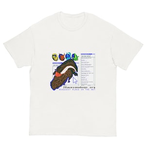 May include: A white short-sleeve t-shirt featuring a graphic print of a retro computer window displaying insect illustrations, a cursor, and the text 28awesomebugs.org BUGGIEST PLACE ON THE NET. The design includes a large brown beetle illustration.