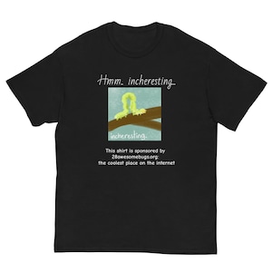 May include: Black t-shirt featuring the text "Hmm... incheresting..." above a graphic of a green caterpillar on a branch. The text "incheresting" is below the graphic. The shirt is sponsored by 28awesomebugs.org.
