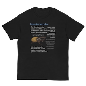 May include: Black t-shirt featuring a detailed illustration of a Hercules beetle, with text describing the beetle's characteristics and origin. The text includes the beetle's scientific name, habitat, and size, up to 173 mm.