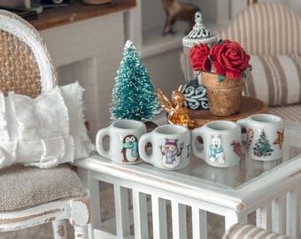 Tazas navideñas en miniatura para casa de muñecas, pan de jengibre, muñeco de nieve, pingüino, oso polar