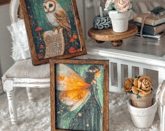 Láminas en miniatura de casitas de hadas a escala 1:12 / Arte mural botánico, fantástico, de dragones y búhos.