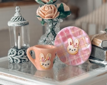 Miniature Spring Easter Theme Dollhouse Dishes Plates Mugs | Plaid Bunny Carrots