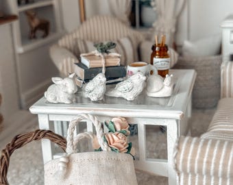 Miniature Bird, Rabbit, Snail Figurines, Shabby Chic Dollhouse Decor