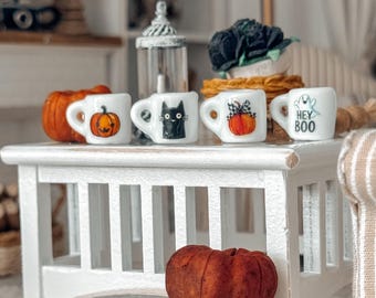 1:12 Miniature Halloween Mugs, Ceramic Jack-o'-lantern, Black Cat, Ghost Designs