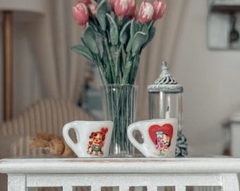 1:12 Miniature Coffee Mug Retro Style Valentine’s Day Decor Hearts