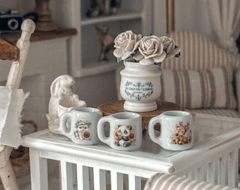 Miniature Sunflower Themed Mug | 1:12 Scale Stoneware, Panda, Puppy, Deer