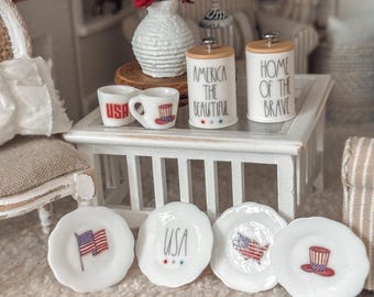 4th of July Miniature Decor | Dollhouse | America, 250, patriotic mugs, plates, canisters, wood signs