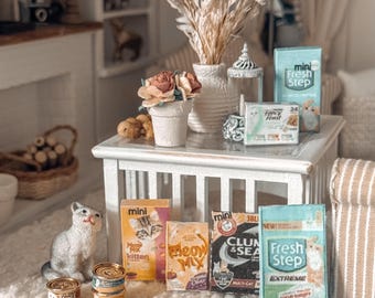 Accesorios para gatos de casa de muñecas a escala 1:12 / Comida para mascotas en miniatura, arena para gatos en miniatura
