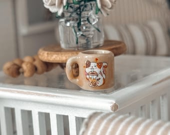 Miniature Cat Mug | 1:12 Scale Stoneware, Calico Cat Boba Tea Design
