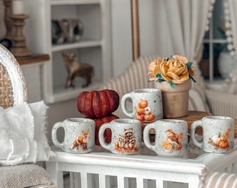 Tazas en miniatura estilo cabaña / Decoración para casas de muñecas / Estilo refugio de vida silvestre / Otoño
