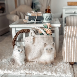 May include: Miniature scene with two fluffy white and gray cat figurines, a small canvas tote bag, and a mug that says "Cat Mom." The scene includes a small white table with books and a sofa with beige and white stripes.