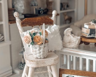 Miniature Basket of Rosed | Vintage Dollhouse Decor | Farmhouse Distressed Style | Spring Flowers