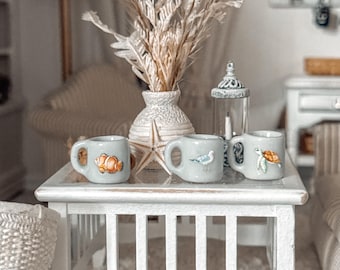 Tazas de cerámica de playa en miniatura a escala 1:12, casa de muñecas costera, vida marina