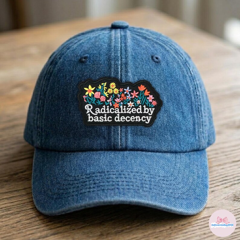 Radicalized by Basic Decency Patch, Floral Embroidered Iron On Patch, Social Justice Badge, Kindness Quote Gift, Aesthetic Flower Applique image 2
