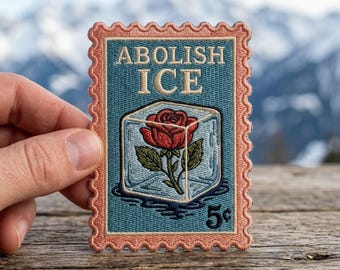 Abolish ICE Embroidery Patch, Vintage Stamp Rose Iron On, Social Justice Activist Badge, Human Rights Movement Gift, Political Apparel Decor