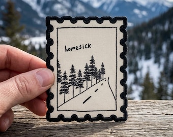 Homesick Embroidery Patch, Minimalist Pine Tree Forest Iron On, Vintage Postage Stamp Badge, Nature Wanderlust Gift