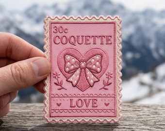 Coquette Love Postage Stamp Patch, Pink Bow Heart Embroidery Iron On, Girly Aesthetic Badge, Vintage Romantic Gift, Soft Girl Clothing Decor