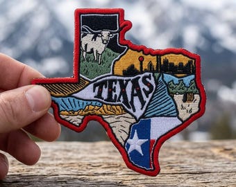 Texas State Map Postcard Patch, Longhorn Skyline Embroidery Iron On, Texas Pride Souvenir Badge, Lone Star State Gift, Travel Art Applique