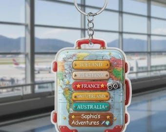 Personalized Travel Keychain with Countries, Custom Name Luggage Suitcase Charm, Adventure Holiday Gift for Travel Lovers, 2D Flat Bag Tag