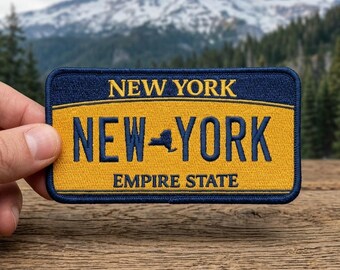 New York License Plate Patch, Empire State Embroidery Iron On, Yellow Blue NY Badge, NYC Travel Souvenir Gift, Vintage Car Tag Applique