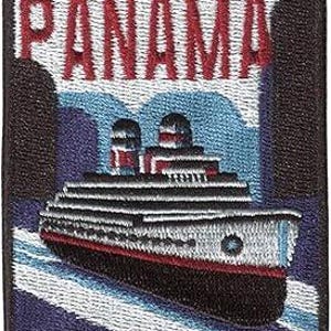 May include: Embroidered patch featuring a cruise ship with the word "PANAMA" in red letters at the top. The ship is white, red, and black, with blue and white waves in the background. The patch has a black border.