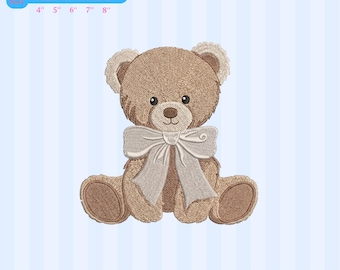 Diseño de bordado de osito de peluche, archivo digital, diseño de osito de peluche con lazo, patrón de bordado a máquina para guardería, regalo de cumpleaños para niños.
