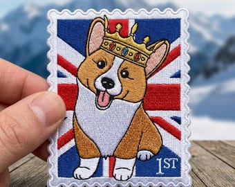 Corgi Royalty Postage Stamp Patch, British Union Jack Iron On, Queen's Corgi Embroidery Badge, UK Flag Dog Lover Gift
